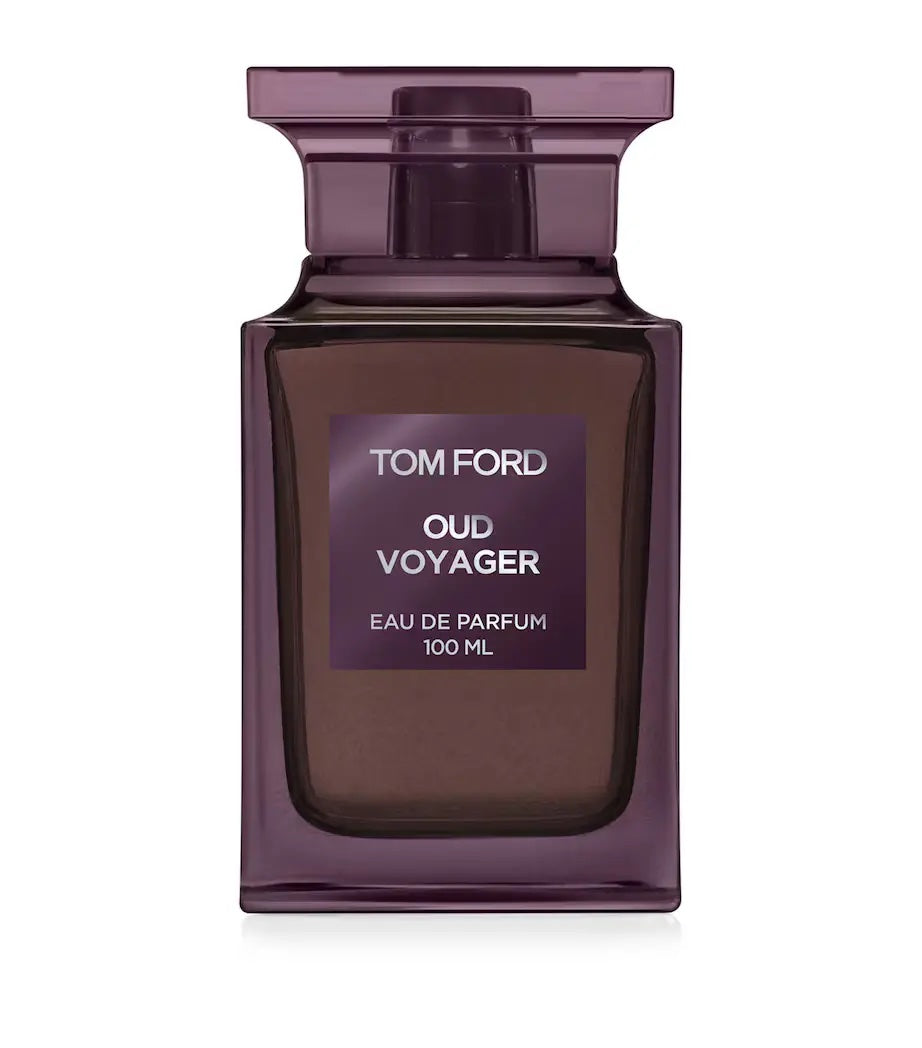 dark purple tom ford oud voyager perfume bottle with a purple cap on a white background