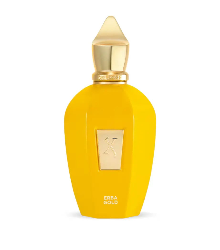 yellow xerjoff erba gold perfume bottle with a gold cap on a white background