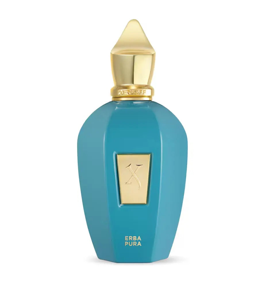 blue xerjoff erba pura perfume bottle with a gold cap on a white background
