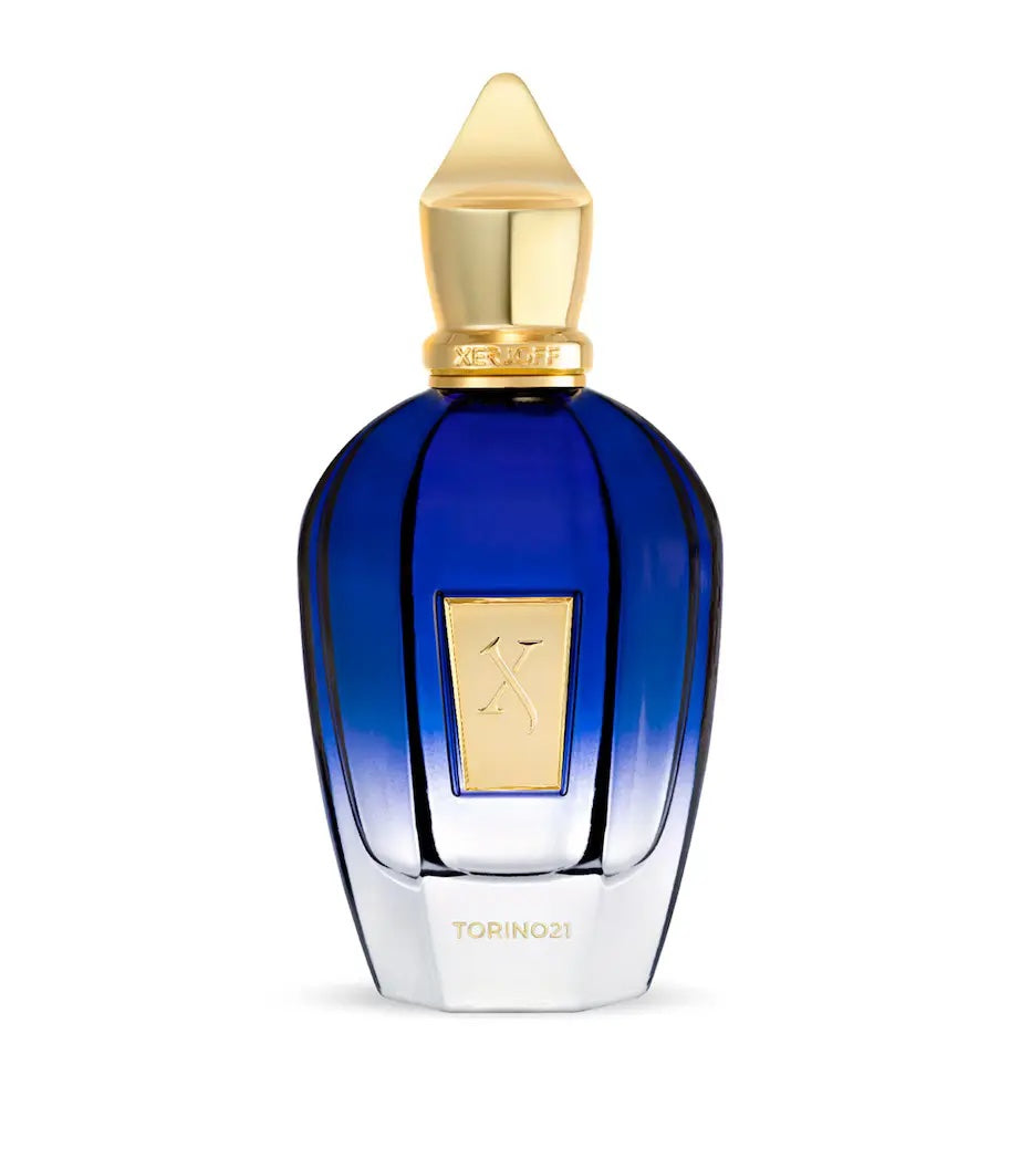 xerjoff torino 21 blue perfume bottle with a gold cap on a white background 